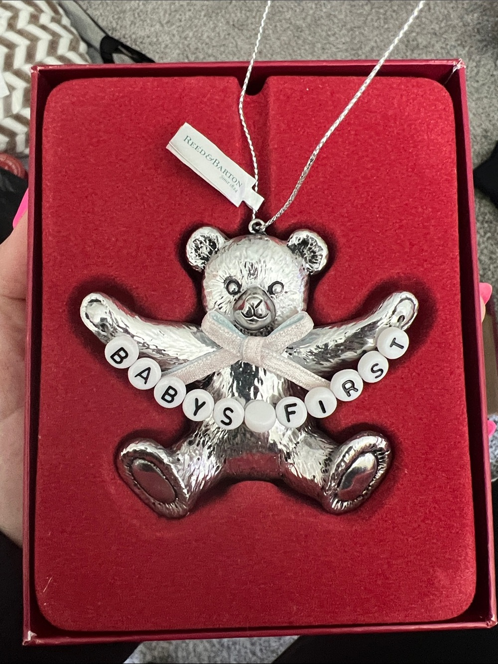 Reed & Barton Silver Teddy Ornament with Cream Ribbon and White Beads